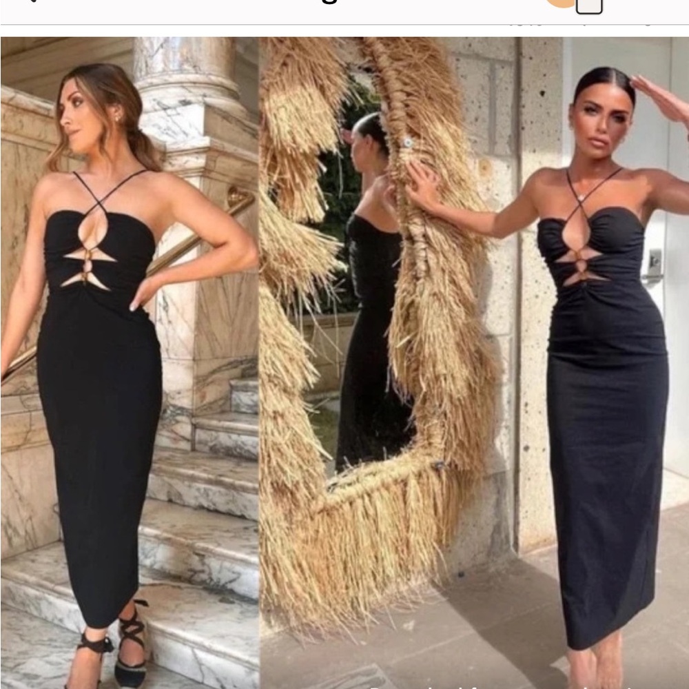 Zara Black Backless Dress cut out beads halter Midi modern S